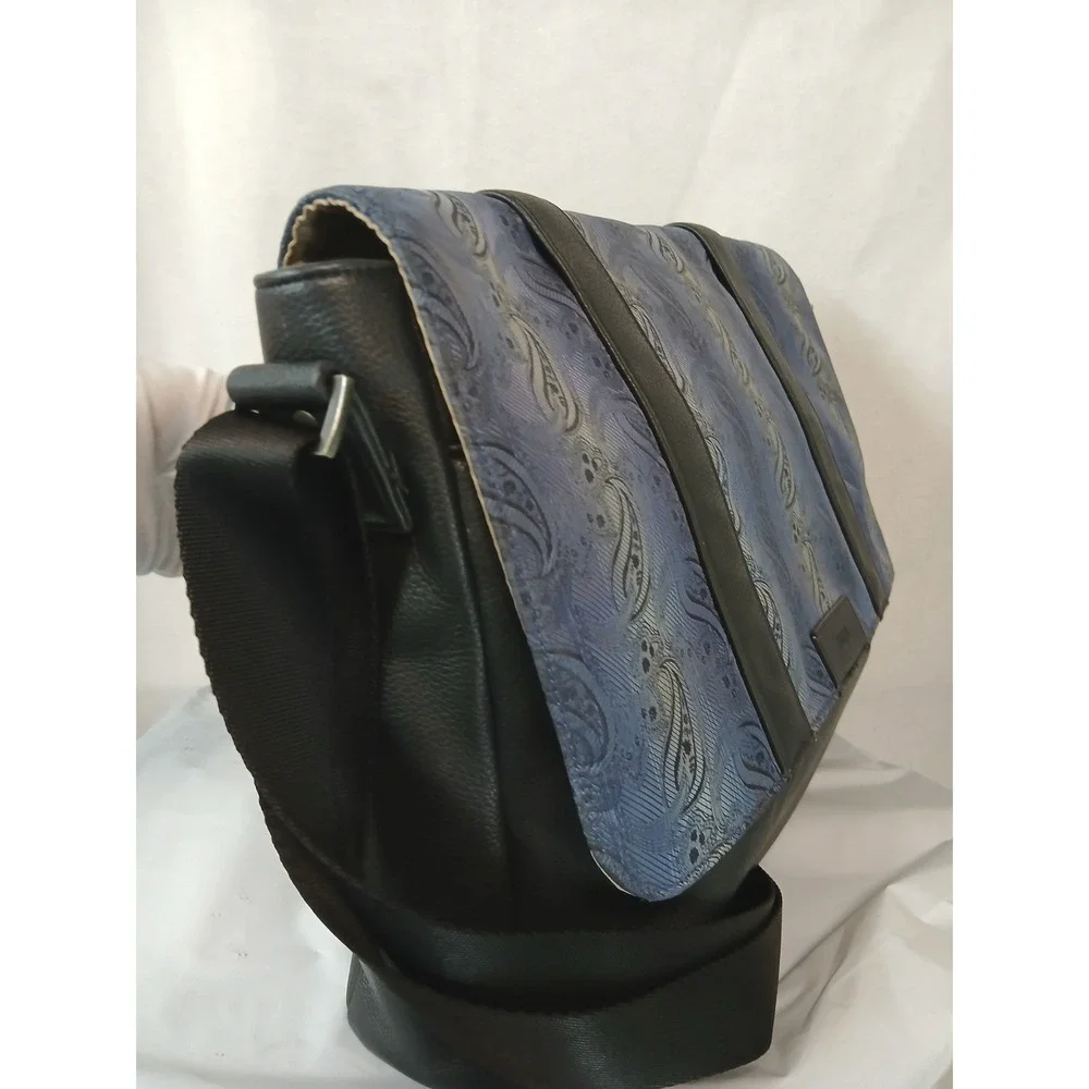 Tallia Mens Messenger Bag Blue Paisley Flap Black Pebbled Satchel Crossbody